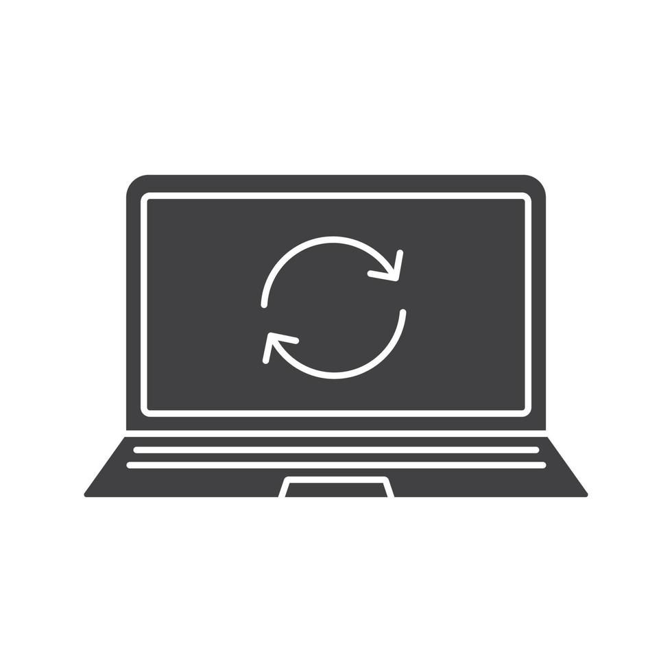 Laptop restart glyph icon. Silhouette symbol. Notebook with cycling arrows. Reboot. Negative space. Vector isolated illustration