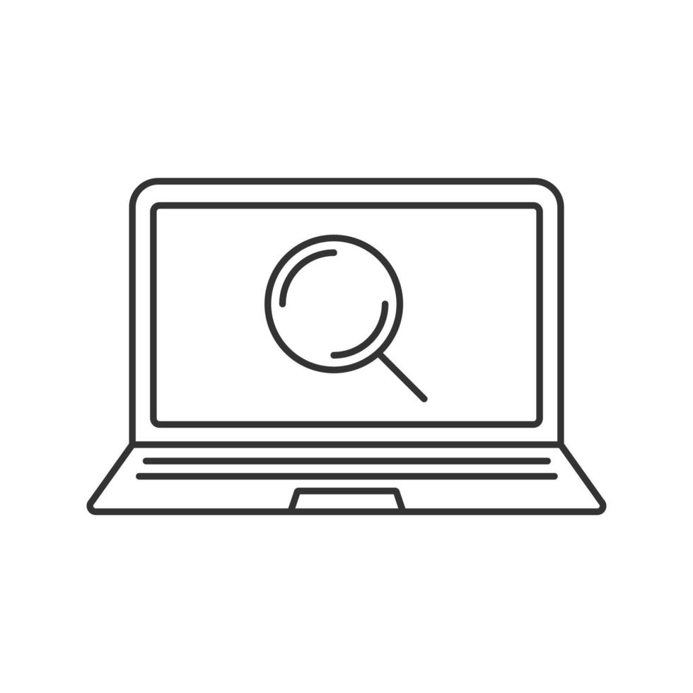 Laptop search linear icon. Thin line illustration. Notebook with magnifying glass contour symbol. Vector isolated outline drawing