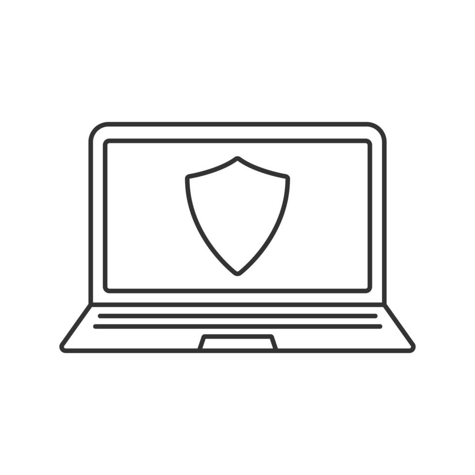 icono lineal del programa antivirus de la computadora portátil. Ilustración de línea fina de seguridad. portátil con símbolo de contorno de escudo de protección. dibujo de contorno aislado vectorial vector