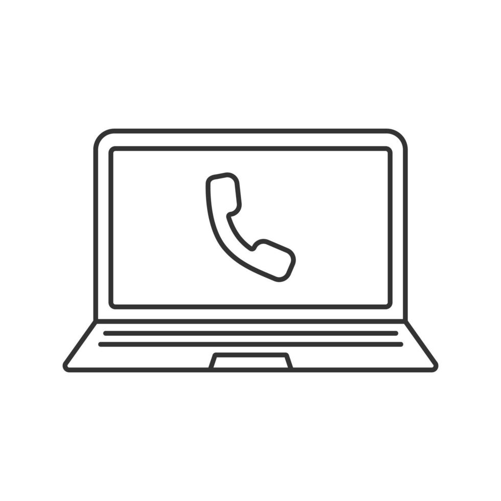 Laptop phone call linear icon. Thin line illustration. Notebook with handset contour symbol. Vector isolated outline drawing