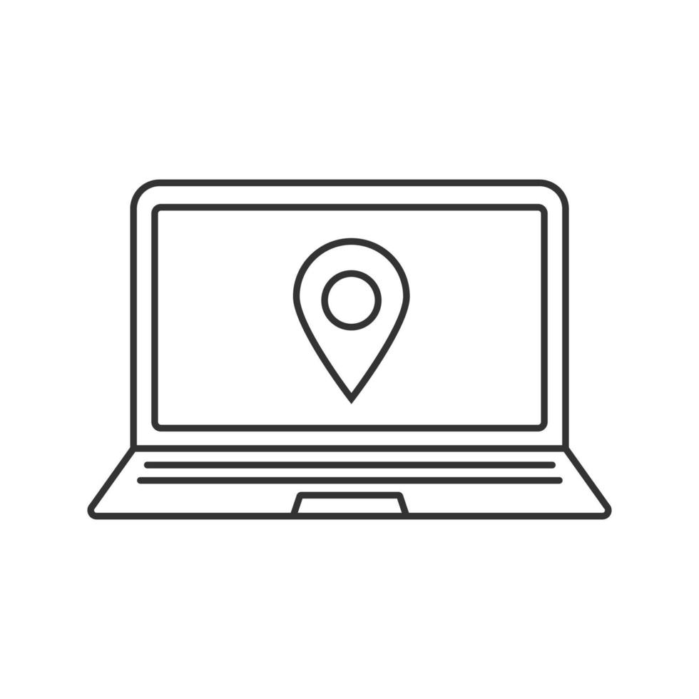 Laptop gps navigation linear icon. Thin line illustration. Laptop with map pinpoint contour symbol. Vector isolated outline drawing