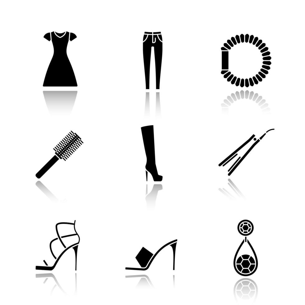 Women's accessories drop shadow black glyph icons set. Sun frock, skinny jeans, hair scrunchy, straightener and brush, high heel boot and shoes, earring. Isolated vector illustrations