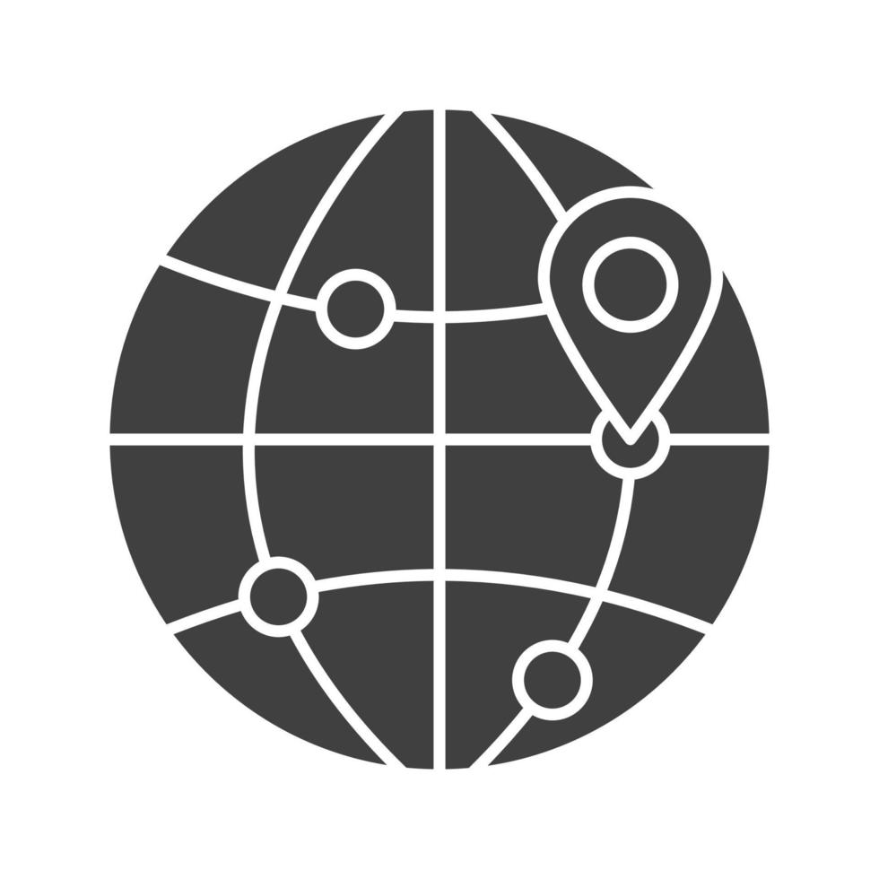 Flight destinations glyph icon. Worldwide travel locations silhouette symbol. Globe model with route points and map pinpoint. Negative space. Vector isolated illustration