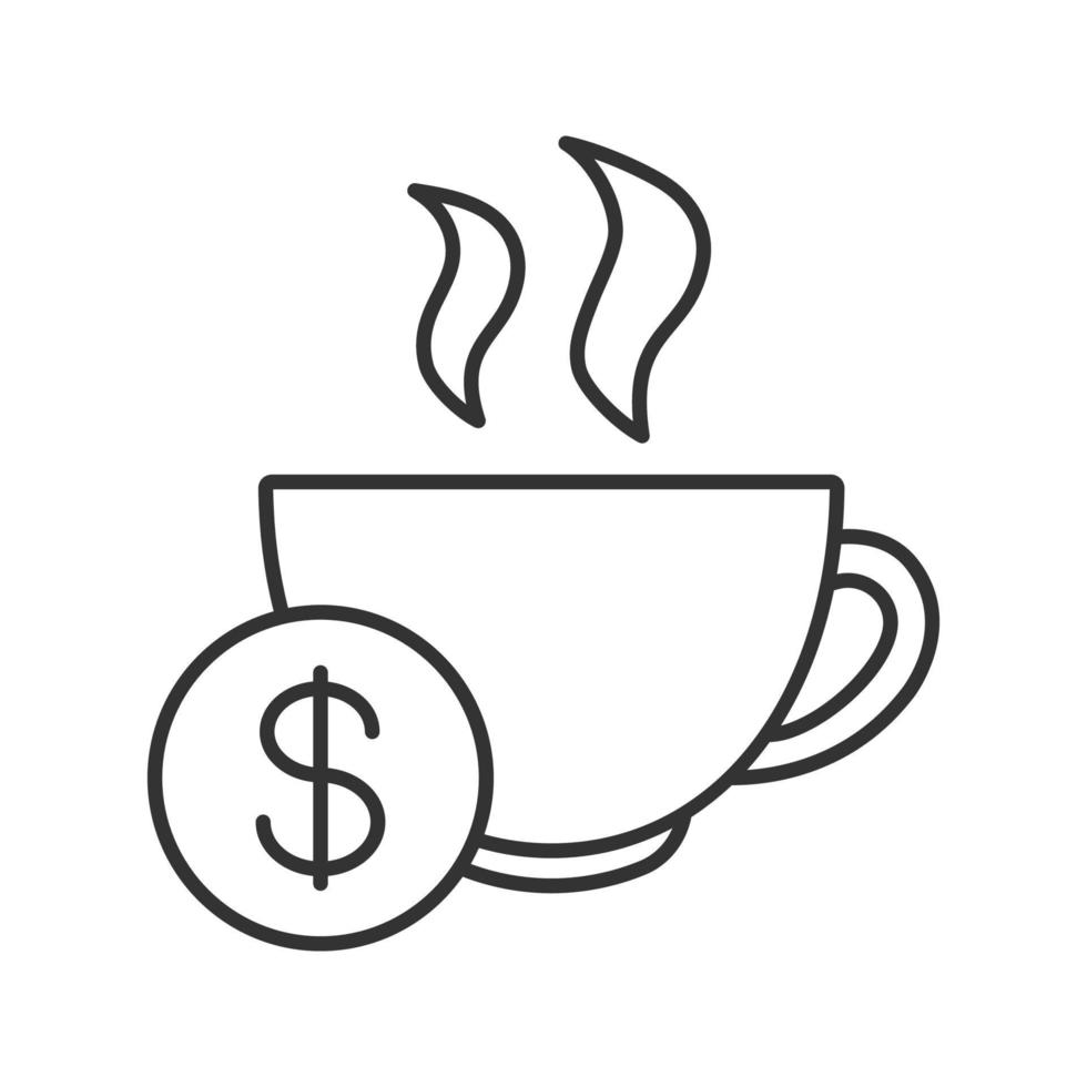 Buy cup of tea linear icon. Thin line illustration. Hot steaming mug with dollar sign. Contour symbol. Vector isolated outline drawing