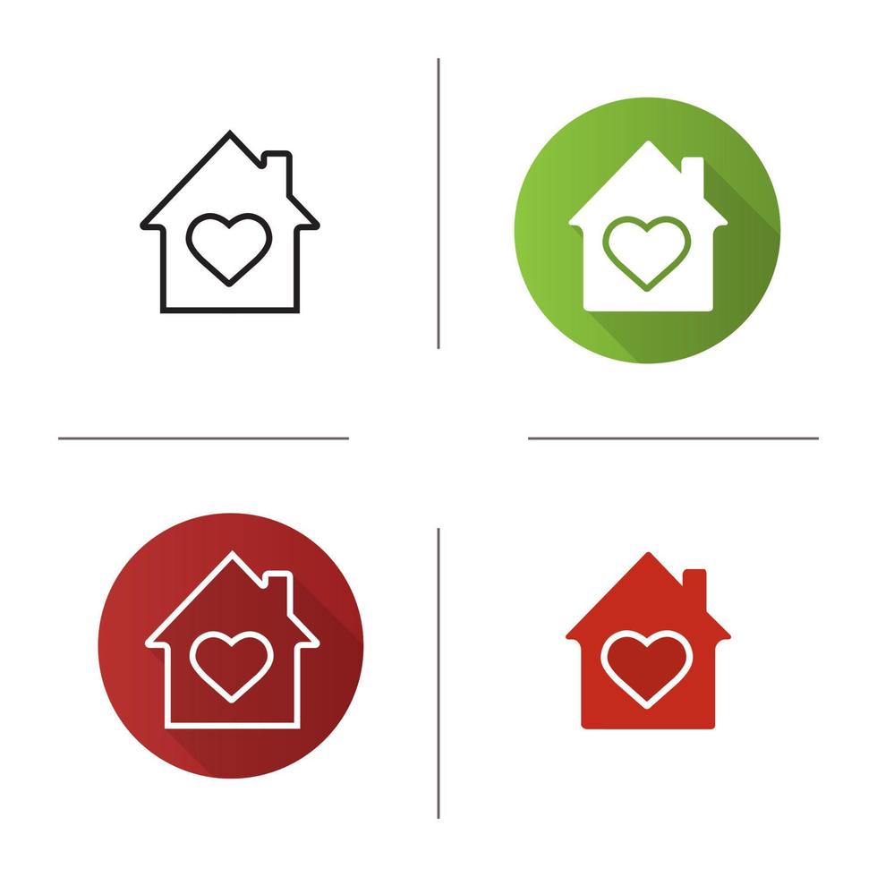 House with heart inside icon. Flat design, linear and glyph color styles. Family house. Warm, comfort and safe residence. Isolated vector illustrations