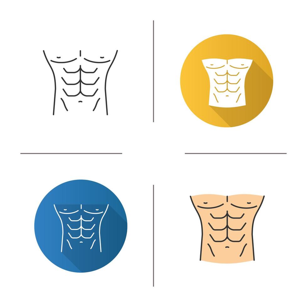 Muscular male torso icon. Flat design, linear and color styles. Man's chest. Isolated vector illustrations