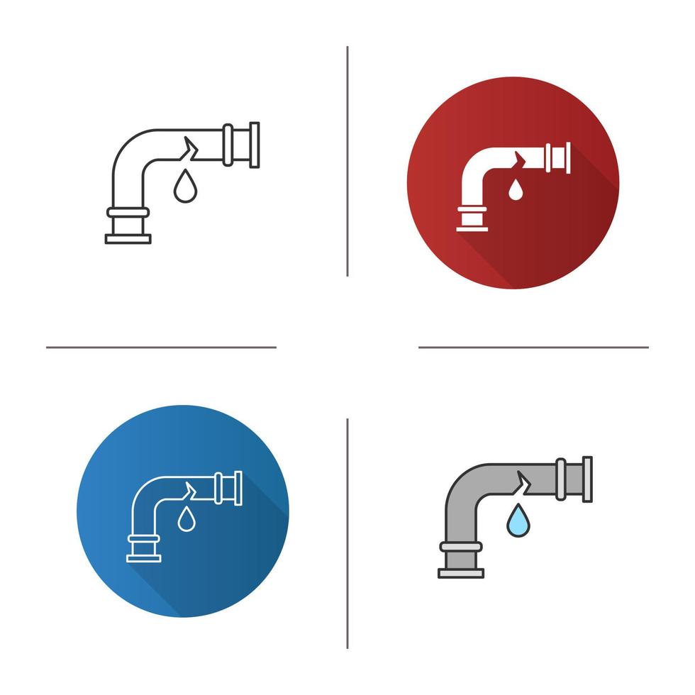 Broken water pipe icon. Flat design, linear and color styles. Isolated vector illustrations