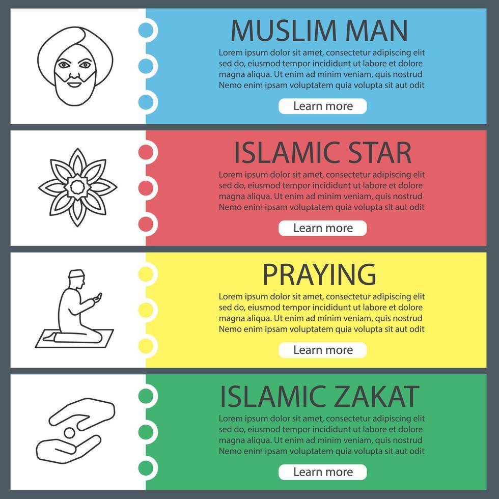Islamic culture web banner templates set. Muslim man, islamic star, praying person, zakat. Website menu items with linear icons. Vector headers design concepts