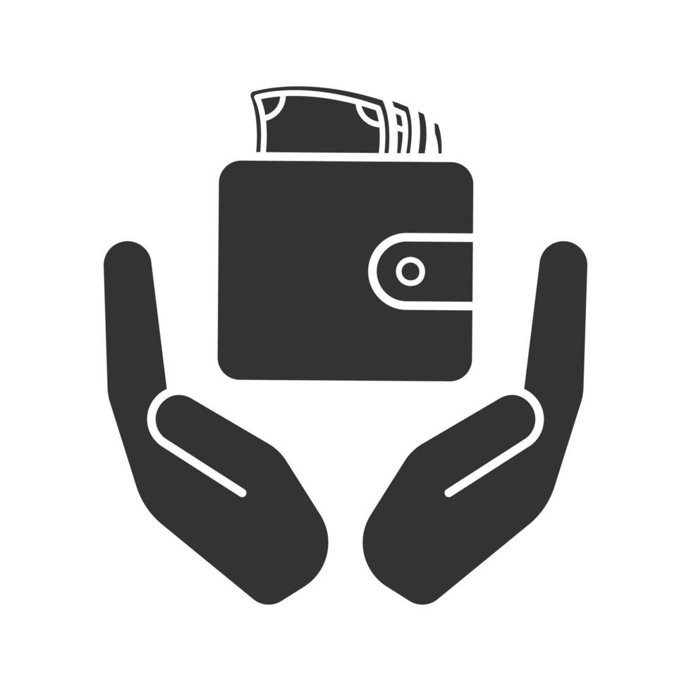 Open palms with wallet and money glyph icon. Cash. Silhouette symbol. Money saving. Negative space. Vector isolated illustration