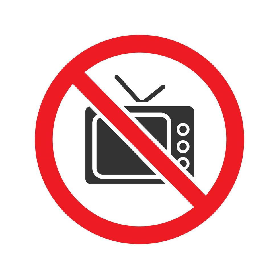 Forbidden sign with TV-set glyph icon. Stop silhouette symbol. No television prohibition. Negative space. Vector isolated illustration