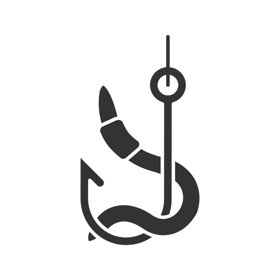 Worm on hook glyph icon. Fishing live bait. Silhouette symbol. Negative space. Vector isolated illustration