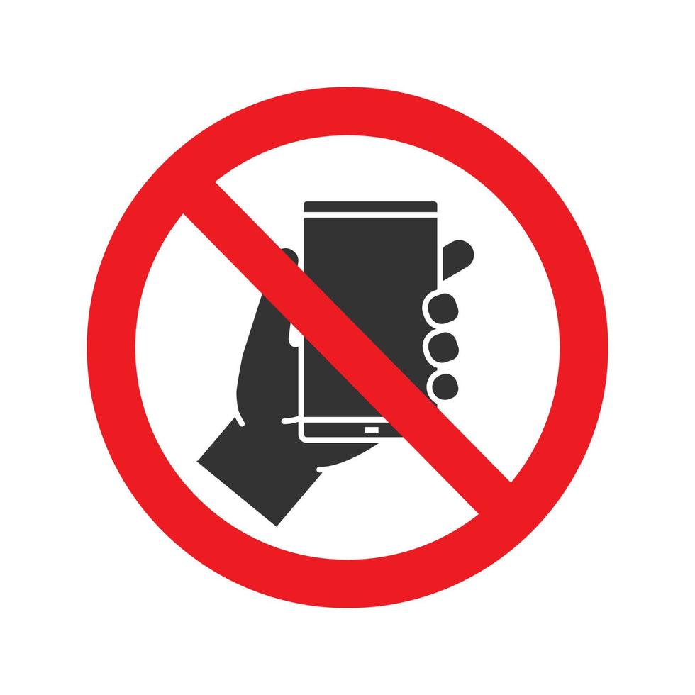 Forbidden sign with mobile phone glyph icon. No smartphone prohibition. Stop silhouette symbol. Negative space. Vector isolated illustration