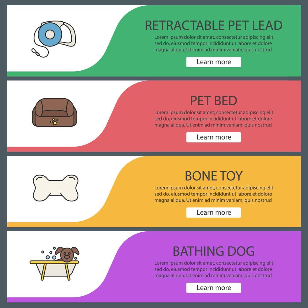 mascotas suministra conjunto de plantillas de banner web. correa para mascotas, cama para animales, juguete para masticar huesos, aseo personal. elementos del menú de color del sitio web. conceptos de diseño de encabezados vectoriales vector