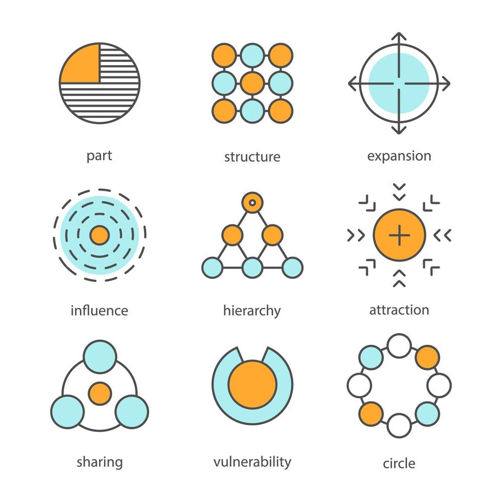 Abstract symbols color icons set. Part, structure, expansion, influence, hierarchy, attraction, sharing, vulnerability, circle. Isolated vector illustrations