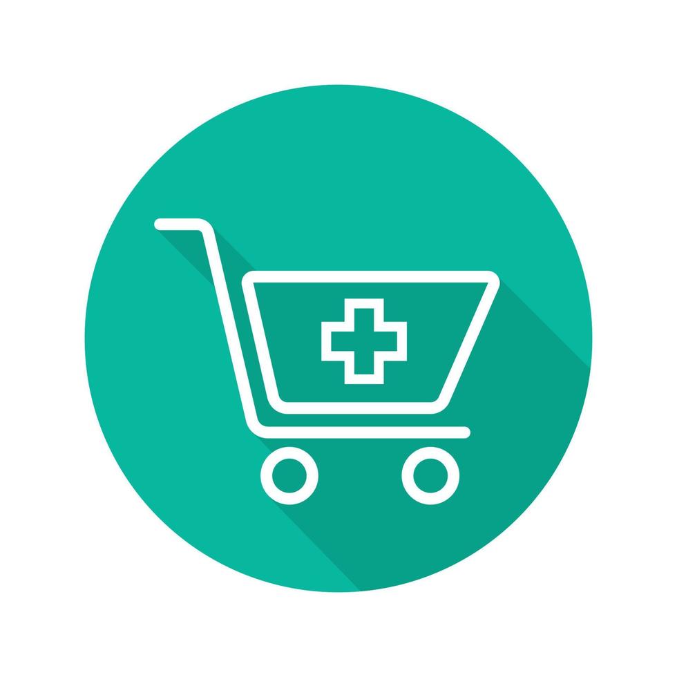 Drugstore shopping flat linear long shadow icon. Pharmacy. Shopping cart with medical cross. Vector outline symbol