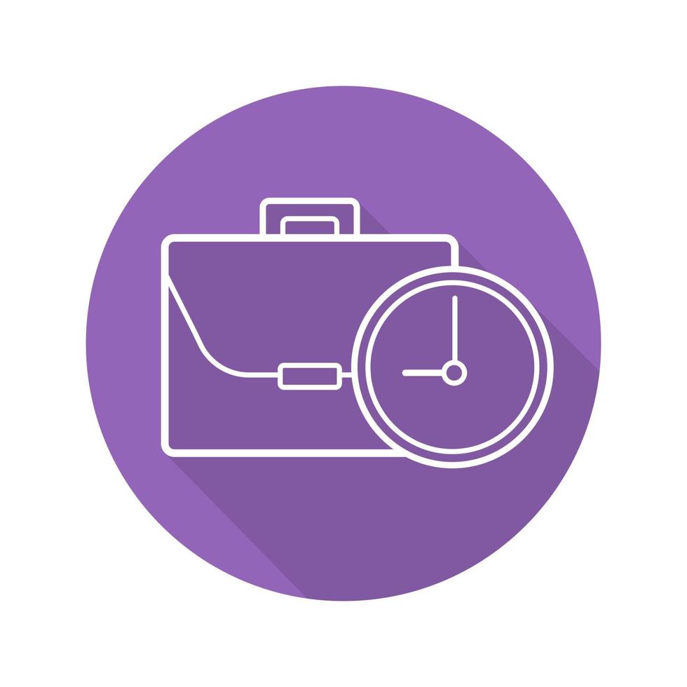 Work time flat linear long shadow icon. Business briefcase with clock. Vector outline symbol