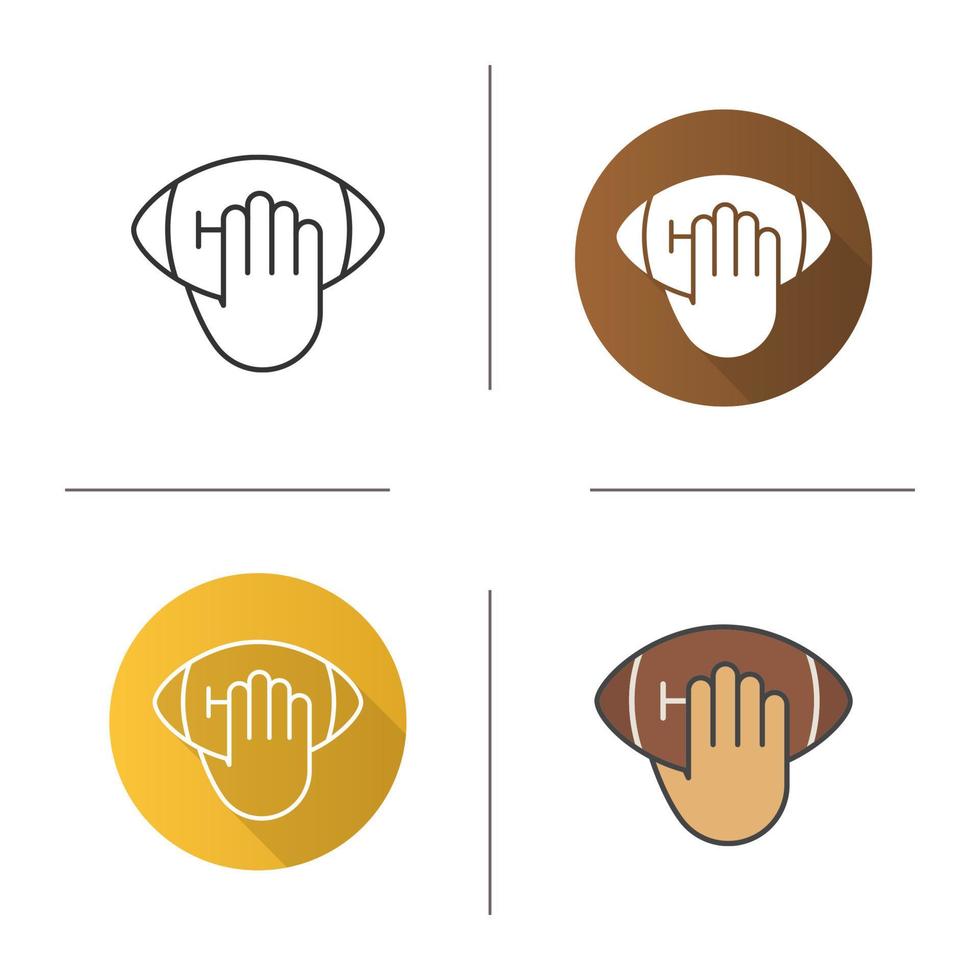 Hand throwing american football ball icon. Flat design, linear and color styles. Isolated vector illustrations