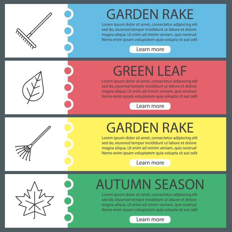 Autumn season web banner templates set. Rake, leaves. Website color menu items with linear icons. Vector headers design concepts