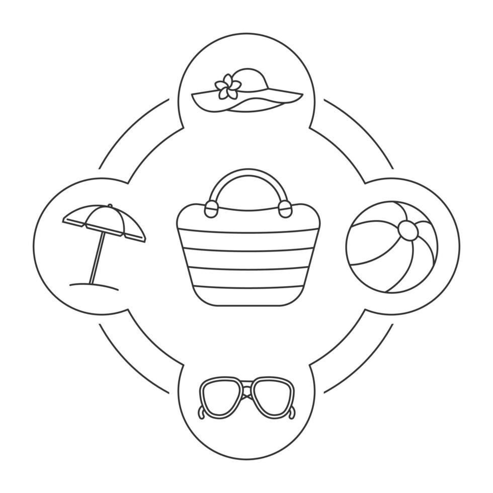 Woman's beach bag contents linear icons set. Sunglasses, beach umbrella, ball and hat. Isolated vector illustrations