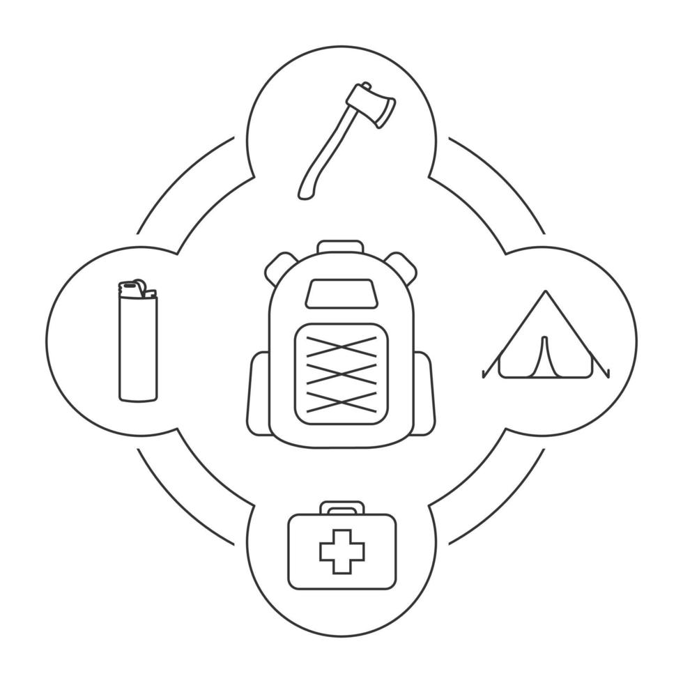 Conjunto de iconos lineales de contenido de mochila de turista. carpa, hacha, encendedor, botiquín de primeros auxilios. ilustraciones vectoriales aisladas vector