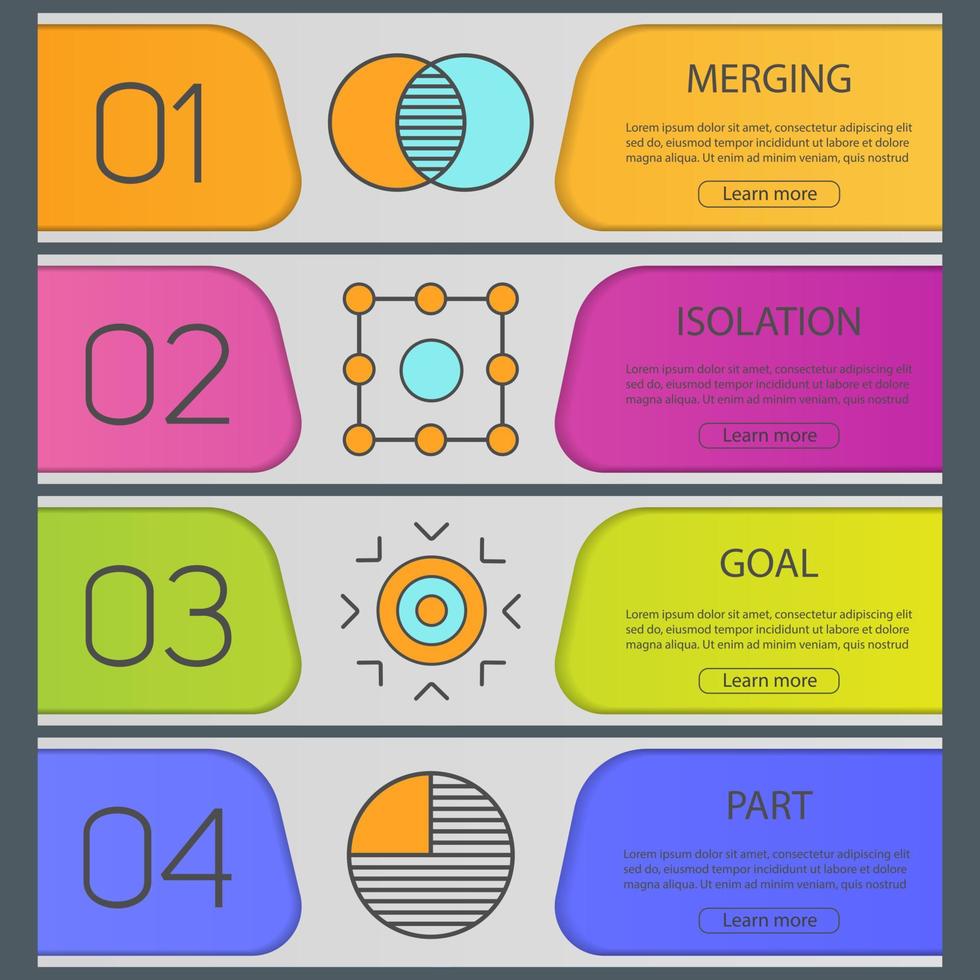 Abstract symbols banner templates set. Merging, isolation, goal, part. Website menu items. Color web banner. Vector headers design concepts