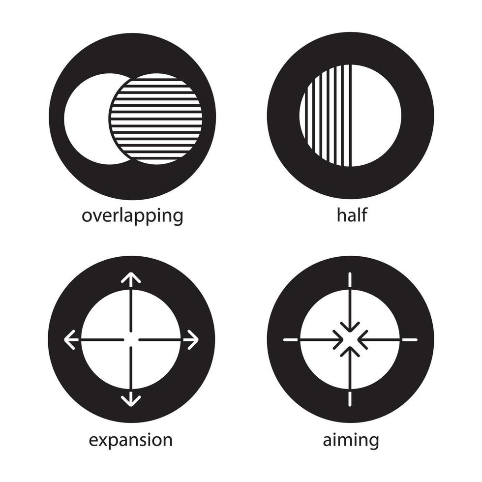 Abstract symbols glyph icons set. Overlapping, half, aiming, expansion concepts. Vector white silhouettes illustrations in black circles