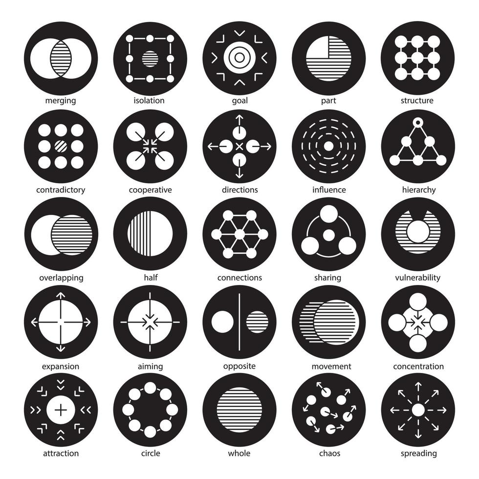 Conjunto de iconos de glifos de símbolos abstractos. Ideas de logotipos para empresas, ciencia e industrias de TI. fusión, vulnerabilidad, puntería, totalidad, conceptos de movimiento. ilustraciones de siluetas blancas vectoriales en círculos negros vector