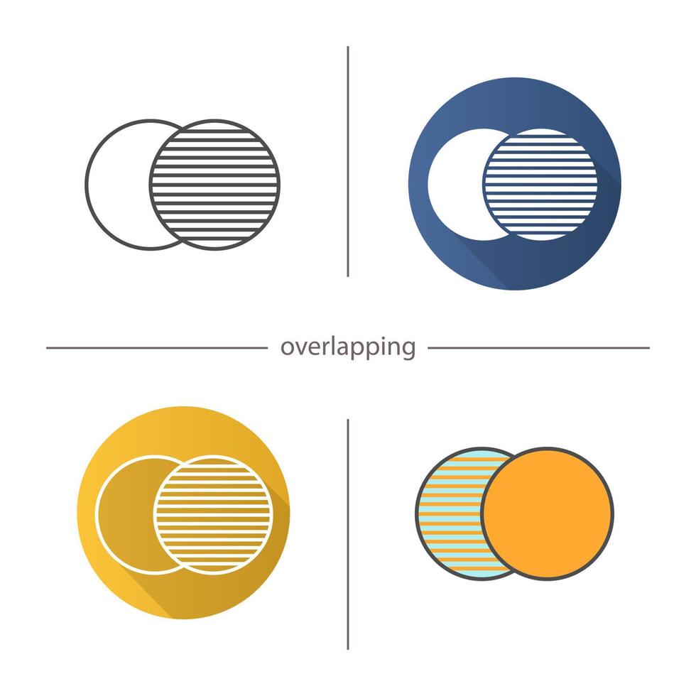Overlapping symbol icon. Flat design, linear and color styles. Convergence abstract metaphor. Isolated vector illustrations