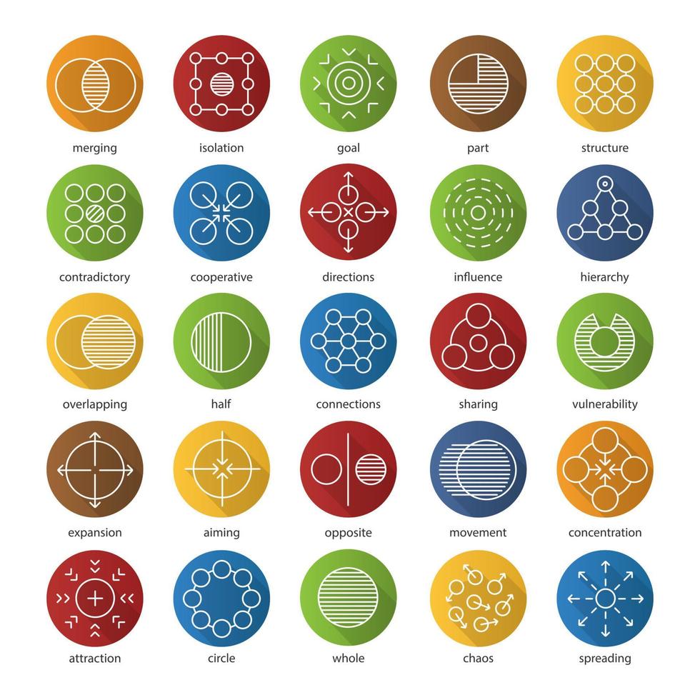 Abstract symbols flat linear long shadow icons set. Logo ideas for business, science, IT industries. Aiming, sharing, spreading, hierarchy, isolation, goal concepts. Vector outline illustration