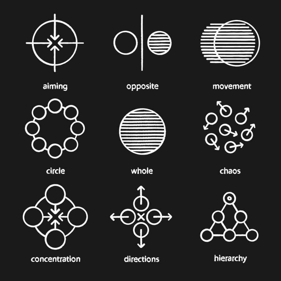 símbolos abstractos conjunto de iconos de tiza. apuntar, opuesto, movimiento, círculo, todo, caos, concentración, direcciones, jerarquía. ilustraciones de pizarra vector aislado
