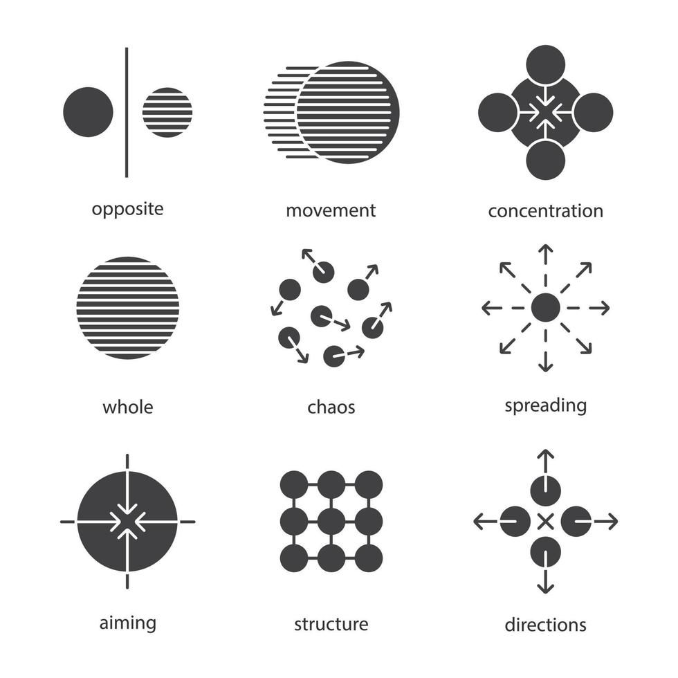 Conjunto de iconos de glifos de símbolos abstractos. símbolos de silueta. opuesto, movimiento, concentración, todo, caos, difusión, puntería, direcciones, estructura. vector ilustración aislada