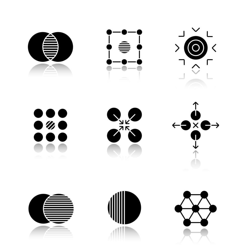 Abstract symbols drop shadow black glyph icons set. Merging, isolation, goal, contradictory, cooperative, directions, overlapping, half, connections concepts. Isolated vector illustrations