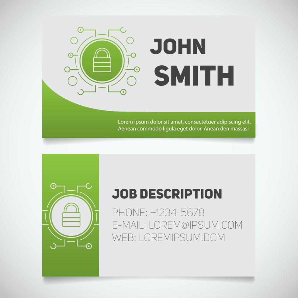 Business card print template with closed lock logo. Cyber security. System administrator. Padlock in microchip pathways. Stationery design concept. Vector illustration