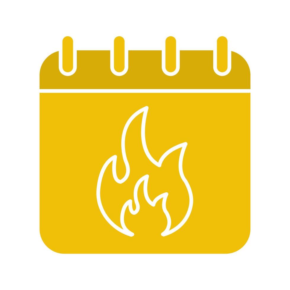 icono de color de glifo de fecha límite. página de calendario con fuego ardiente. símbolo de silueta sobre fondo negro. espacio negativo. ilustración vectorial vector