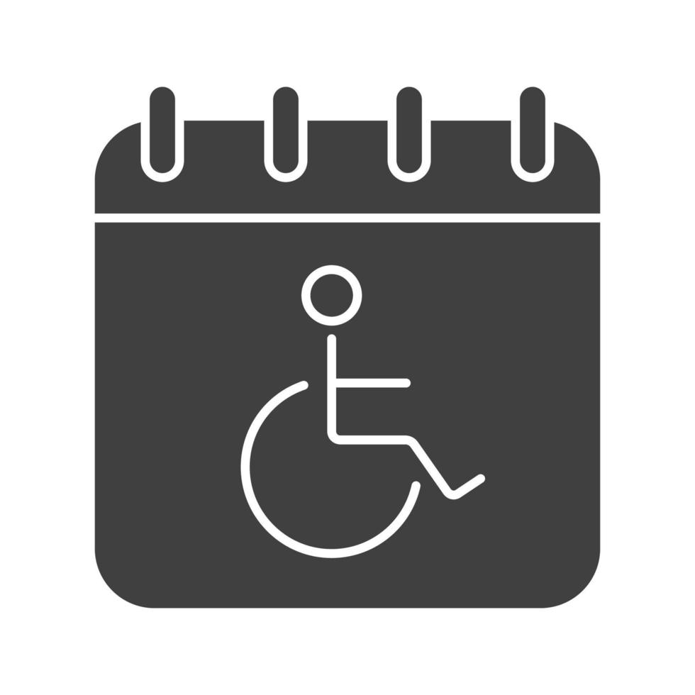 Disability day glyph icon. Silhouette symbol. Calendar page with wheelchair person. Negative space. Vector isolated illustration