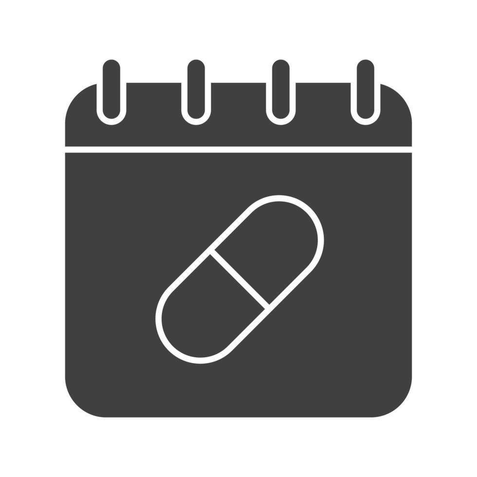 Medications taking schedule glyph icon. Silhouette symbol. Calendar page with pill. Negative space. Vector isolated illustration
