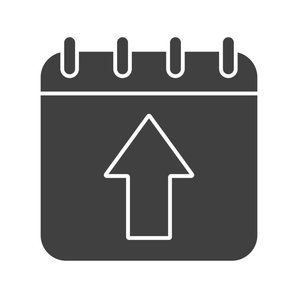 Upload calendar glyph icon. Silhouette symbol. Calendar page with up arrow. Negative space. Vector isolated illustration