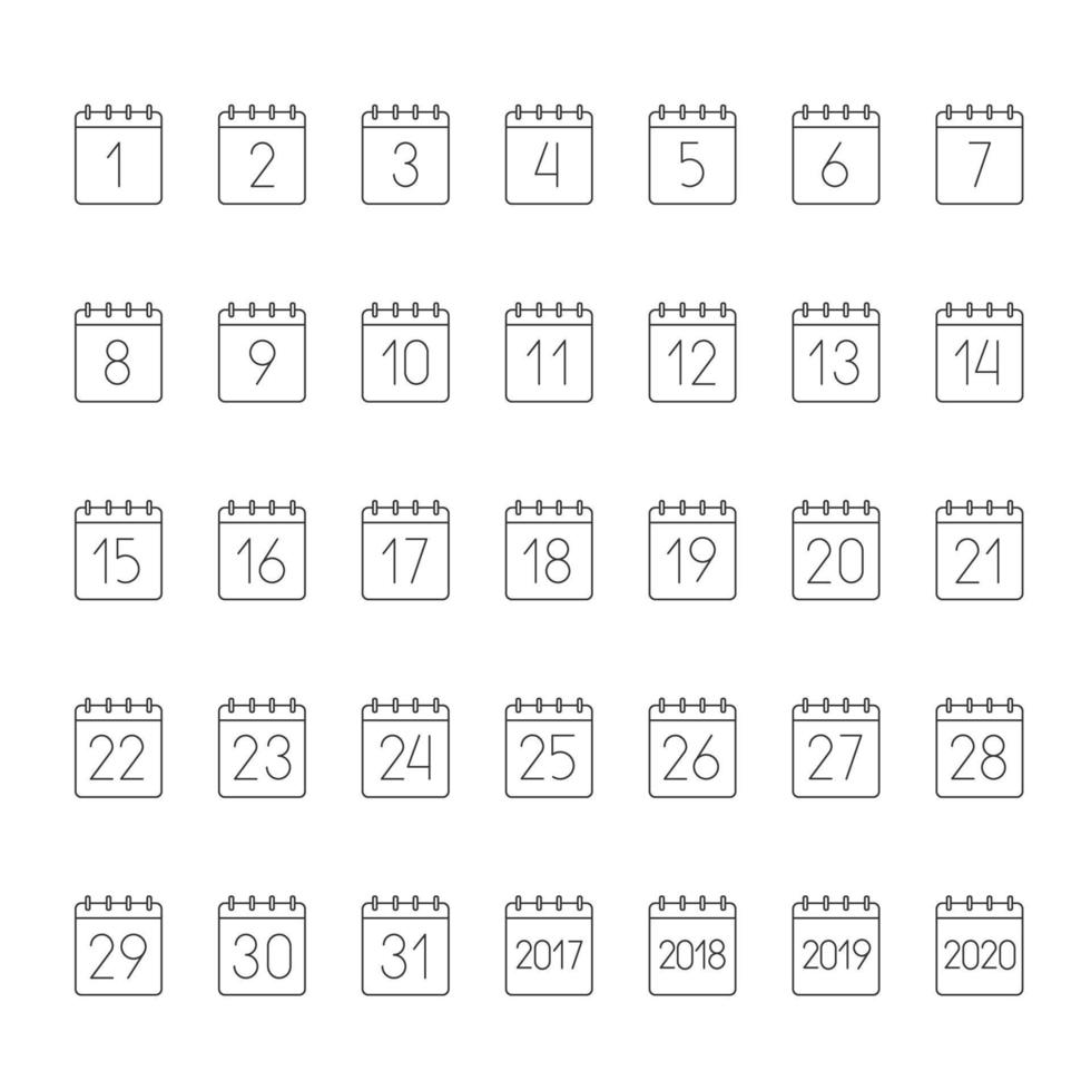 Month calendar linear icons set. Dates. Days of months Thin line contour symbols. 2017, 2018, 2019, 2020 yearly calendars. Isolated vector outline illustrations. Editable stroke