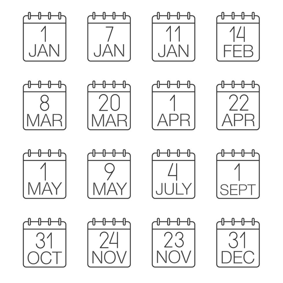 Holidays calendar linear icons set. Wall calendars. Thin line contour symbols. Dates and occasions. Isolated vector outline illustrations
