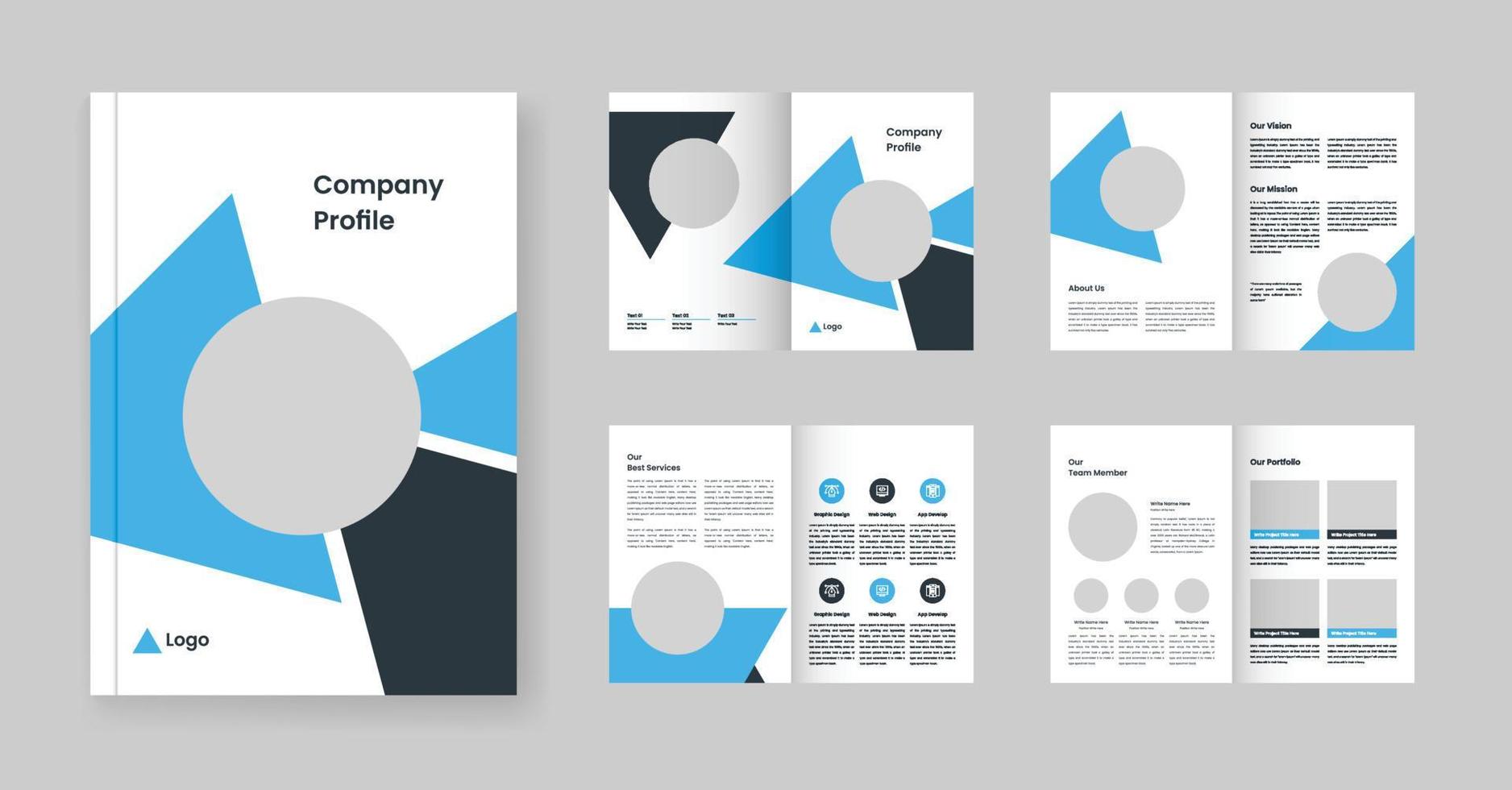 Design company profile, vector template brochures, flyers, presentations, leaflet, white paper, catalog, magazine a4 size. Dark grey and blue geometric elements on a white background