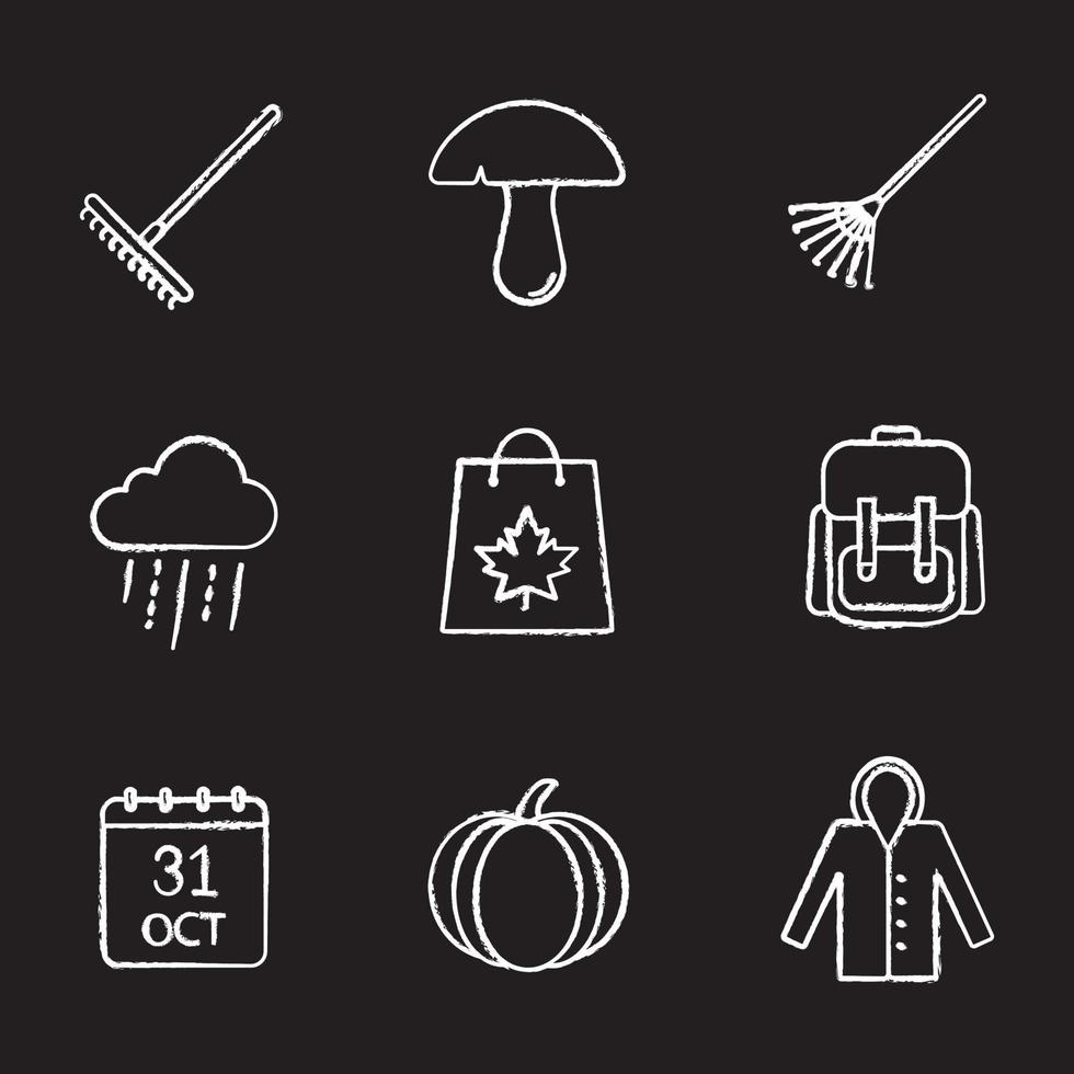 Autumn season chalk icons set. Rake, mushroom, rainy cloud, backpack, October 31 calendar, pumpkin, raincoat, autumn shopping. Isolated vector chalkboard illustrations
