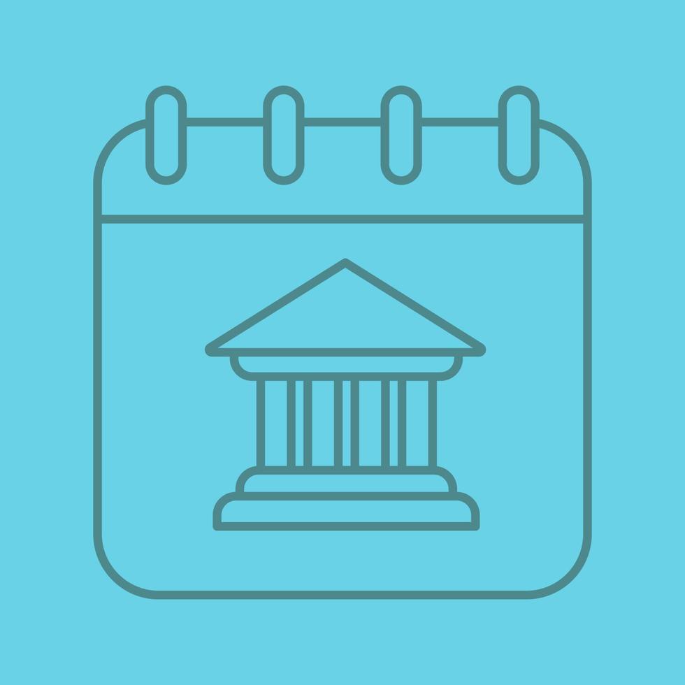 Calendar page with bank building linear icon. Thin line outline symbols on color background. Vector illustration