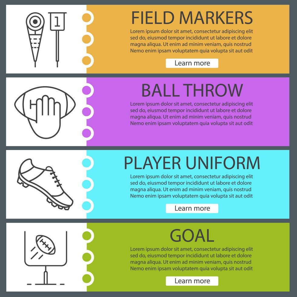American football web banner templates set. Field markers, ball throw, goal sign, player's shoe. Website color menu items with linear icons. Vector headers design concepts