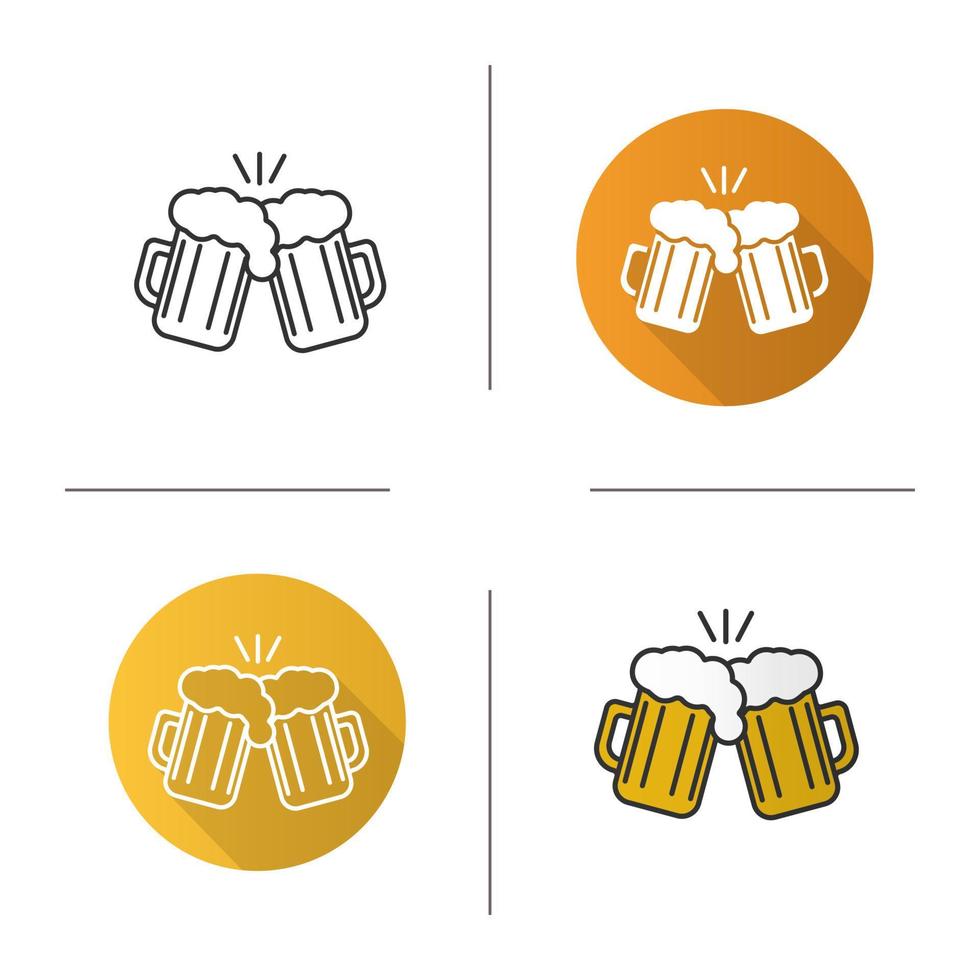 Toasting beer glasses icon. Flat design, linear and color styles. Two foamy beer glasses. Cheers isolated vector illustrations