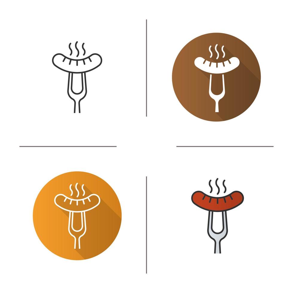 Sausage on fork icon. Flat design, linear and color styles. Steaming bratwurst on carving fork. Hot sausage isolated vector illustrations