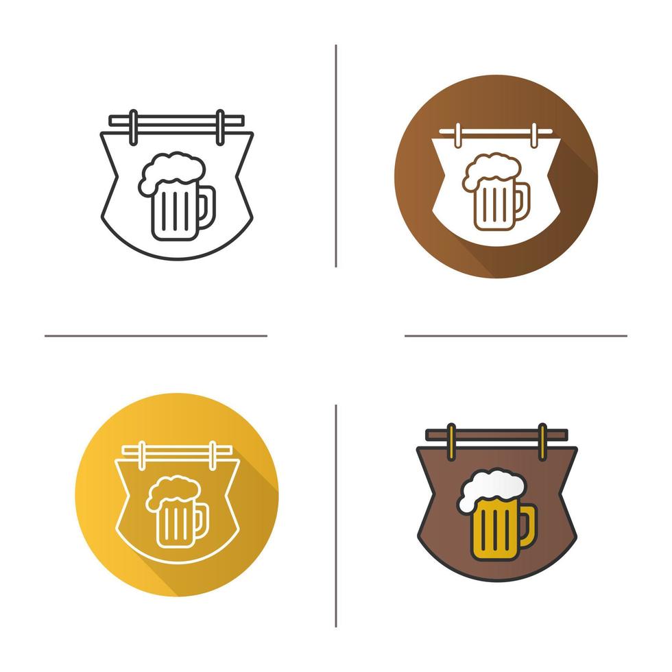 Wooden bar signboard icon. Flat design, linear and color styles. Pub sign with foamy beer glass. Isolated vector illustrations