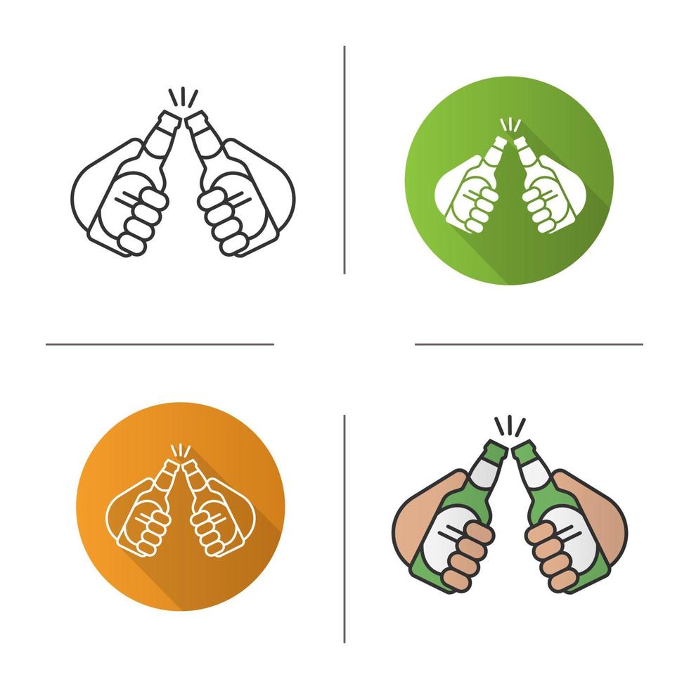 Toasting beer bottles in hands icon. Flat design, linear and color styles. Two beer bottles. Pub and bar sign. Cheers isolated vector illustrations