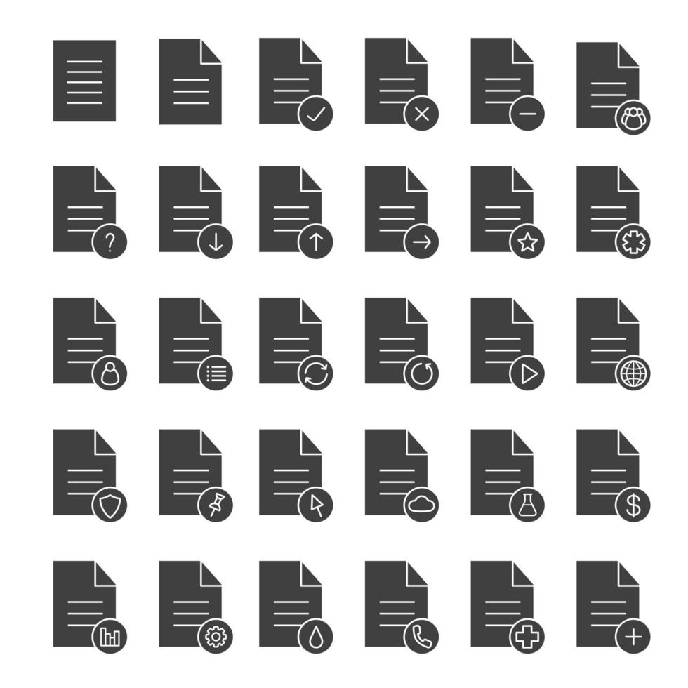 Documents glyph icons set. Silhouette symbols. Statistics, medical insurance and test, contract, approved document. Send, pin, upload, download file. Vector isolated illustration