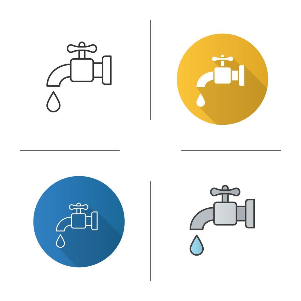 Water resources icon. Flat design, linear and color styles. Faucet and water drop. Isolated vector illustrations