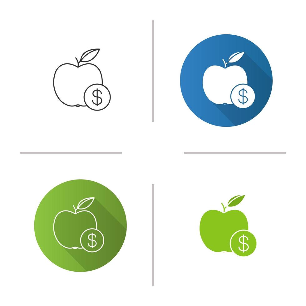 Fruit price icon. Flat design, linear and color styles. Apple with dollar sign. Isolated vector illustrations